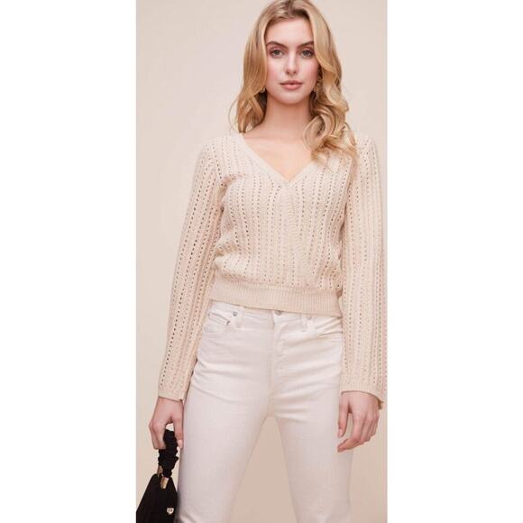 Revolve ASTR the Label NEW Antiqued Cream Cross Knit Open Weave V-Neck Sweater M - Picture 13 of 13